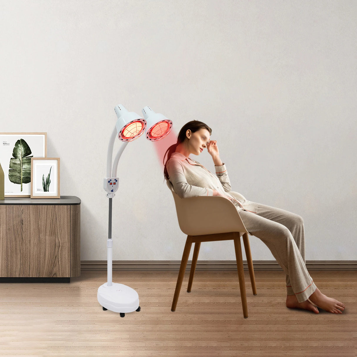 Red Light Therapy LED Electric Infrared Baking Lamp 275W Double-head 360° Adjustable Temperature Heat Lamp Remote Control With Rotating Pulley Base