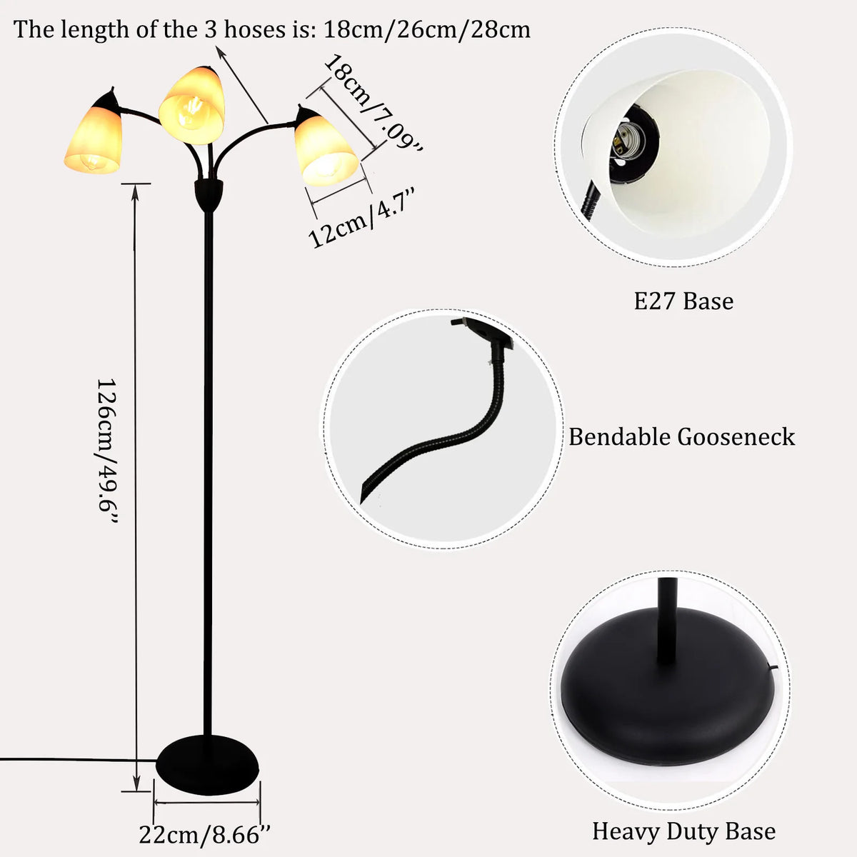 Modern Reading Floor Lamp, 3-Light Floor Lamp Black with Reading Lamp, Adjustable Flexible Tree Standing Lamp for Bedroom Study Room Office, Modern Multi Head Reading Floor Lights, E26 Base