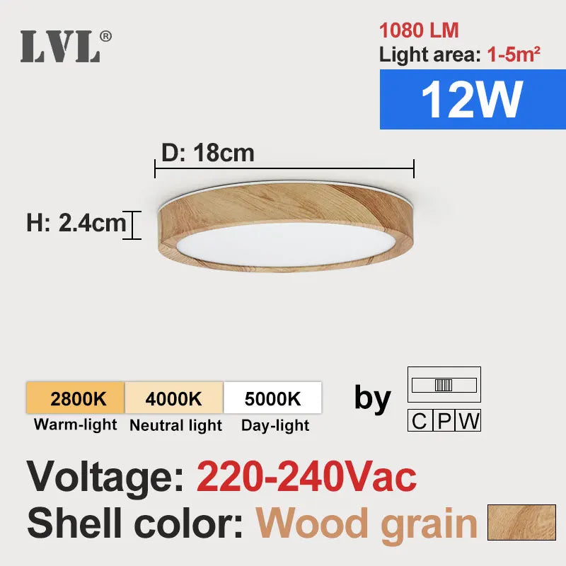 Modern LED Ceiling Light - Wood Grain & Gold 3-Color Home Lighting