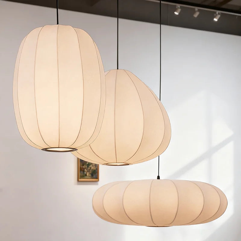 Japanese Wabi-Sabi White Silk E27 Pendant Light - Nordic Art Fabric Ceiling Chandelier Lamp Fixture for Living Room, Dining Room & Bedroom