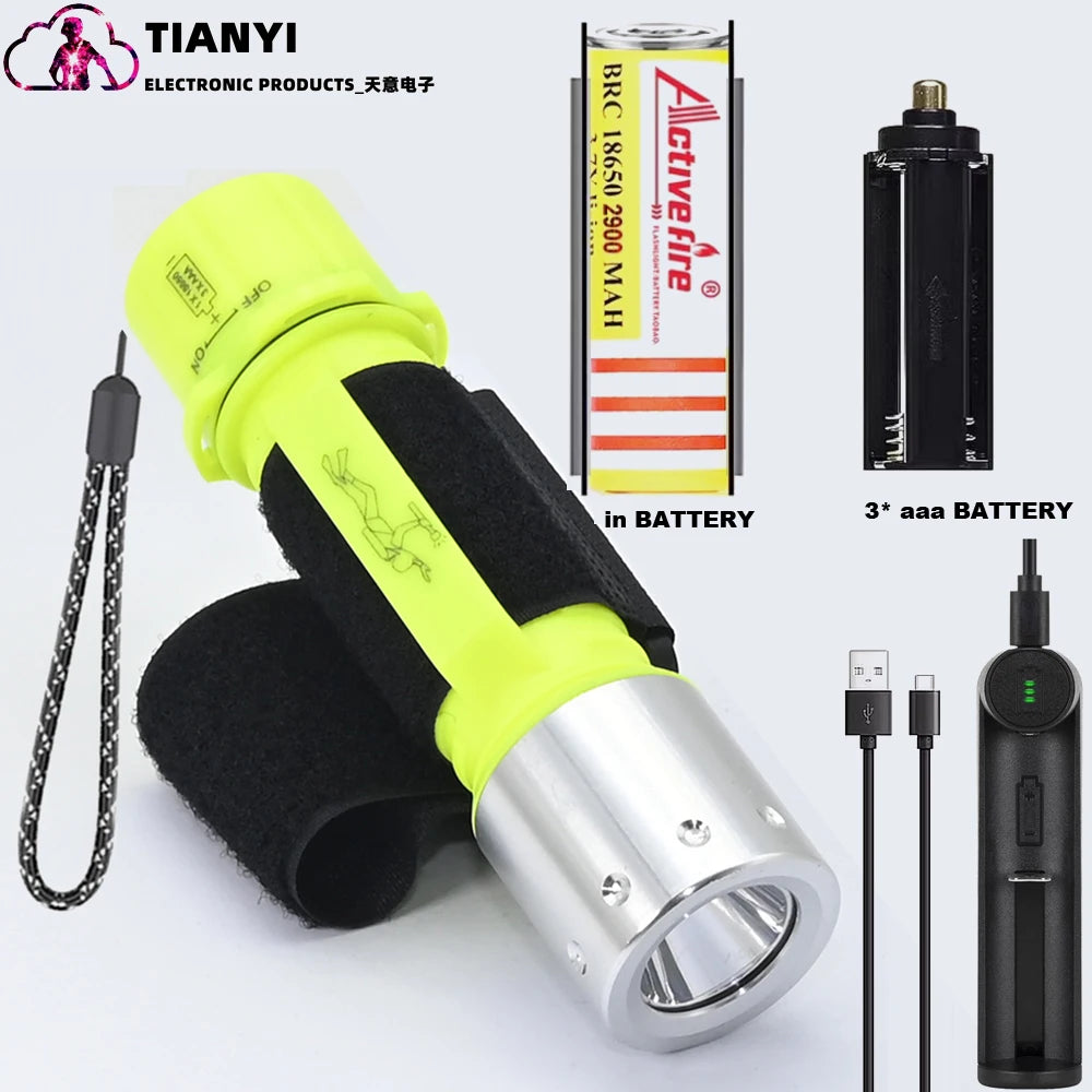 IPX8 Waterproof Rechargeable Dive Light | Super Bright 3-Mode Submersible Scuba Flashlight