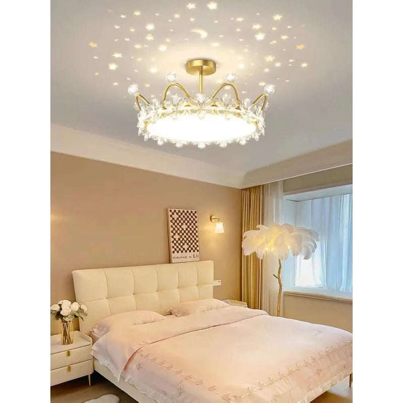 Crown Ceiling Lamp Star Light Children's Princess Room Crystal Flower Bedroom Light Light Luxury Lamp in the Living Room