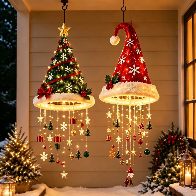 Christmas Santa Hat Hanging Light LED Lamp with Christmas Pendants Winter New Year Party Home Wall Ceiling Decor Ornament