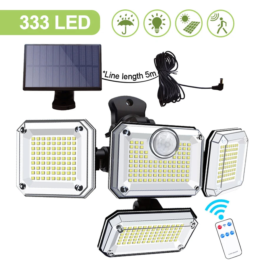278 LED Solar Motion Sensor Outdoor Flood Light - 3-Head Waterproof Security Wall Lamp for Patio, Yard & Garage