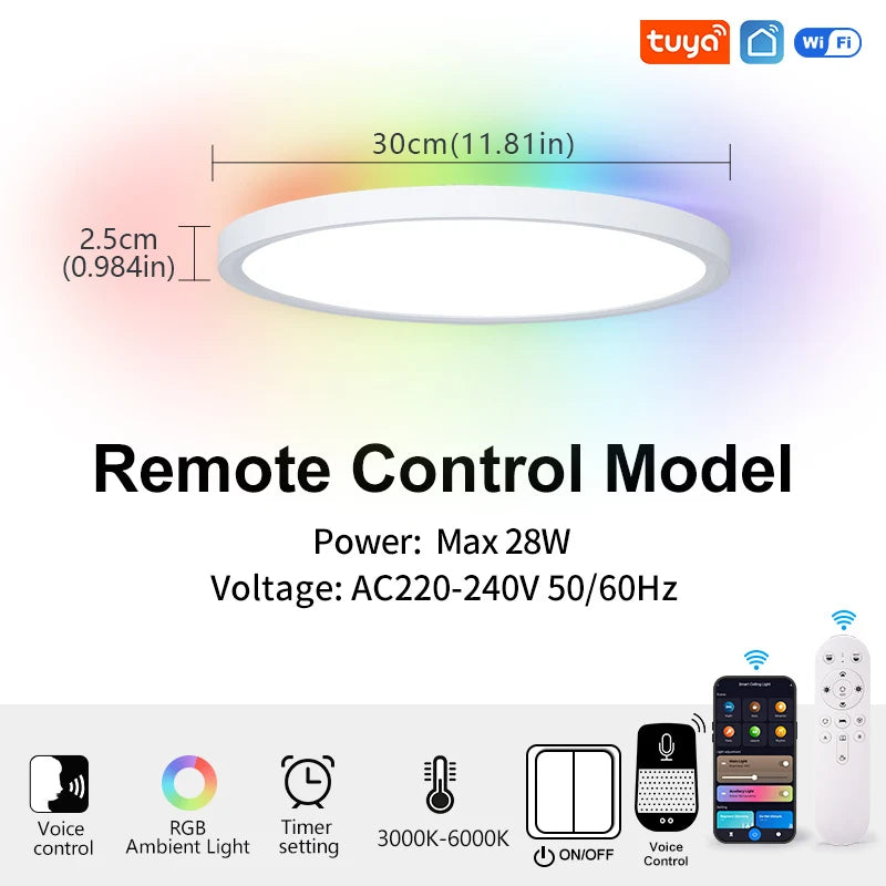 Tuya Ultra-Thin 0.98 Inch Smart LED Ceiling Light - 36W/28W RGB Dimmable Alexa Lamp