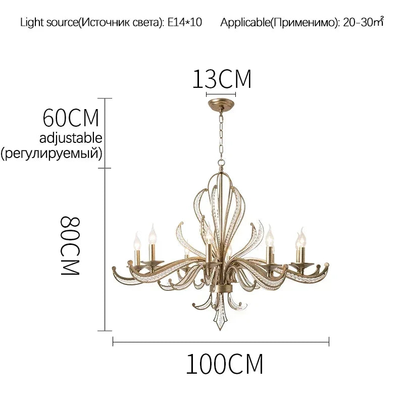 American Retro Crystal Chandeliers French Creative Candle Design Led Lamp for Bedroom Living Room Study Pendant Lighting