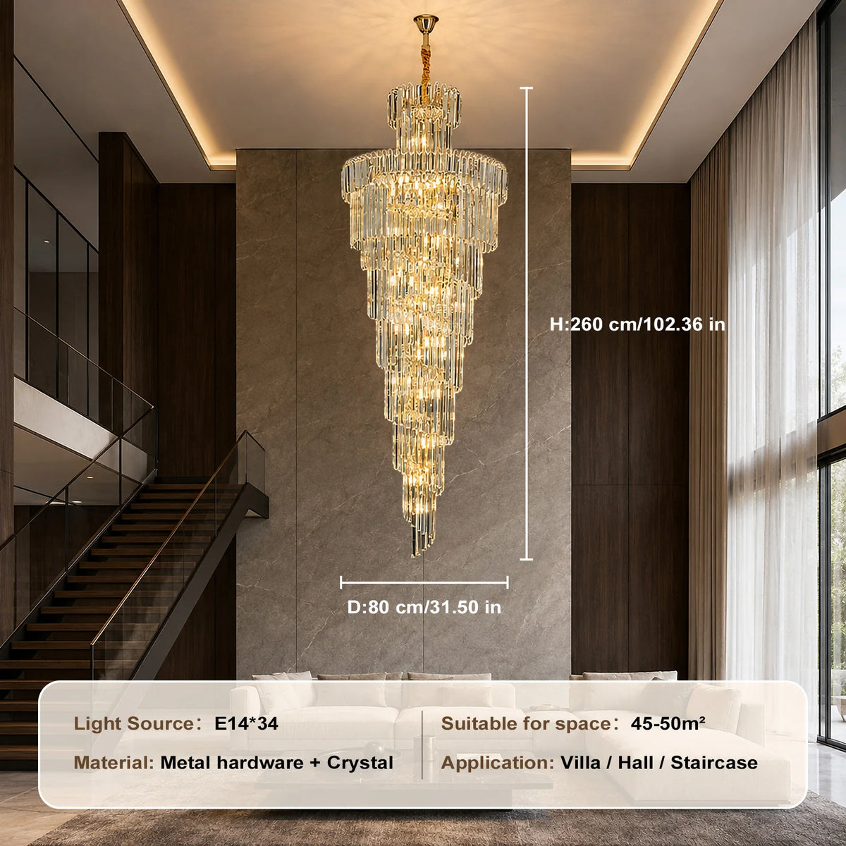 Luxury Crystal Chandelier Light - Grand Pendant Lamp Fixture for Villa Foyer, Hotel Lobby, Living Room & Staircase