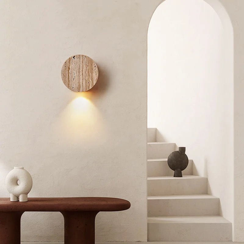 IWHD Home Decor LED Wall Light Fixture Coffee Corridor Living Room Nordic Modern Column Yellow Travertine Stone Wall Lamp Sconce