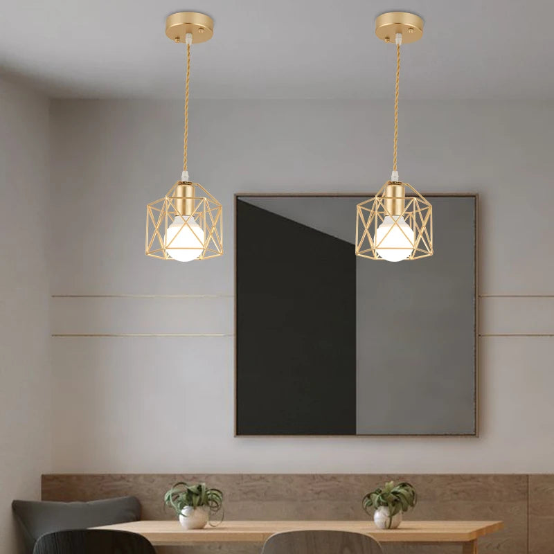 Modern LED Metal Cage Pendant Light - Minimalist Iron Gold & Black Lamp