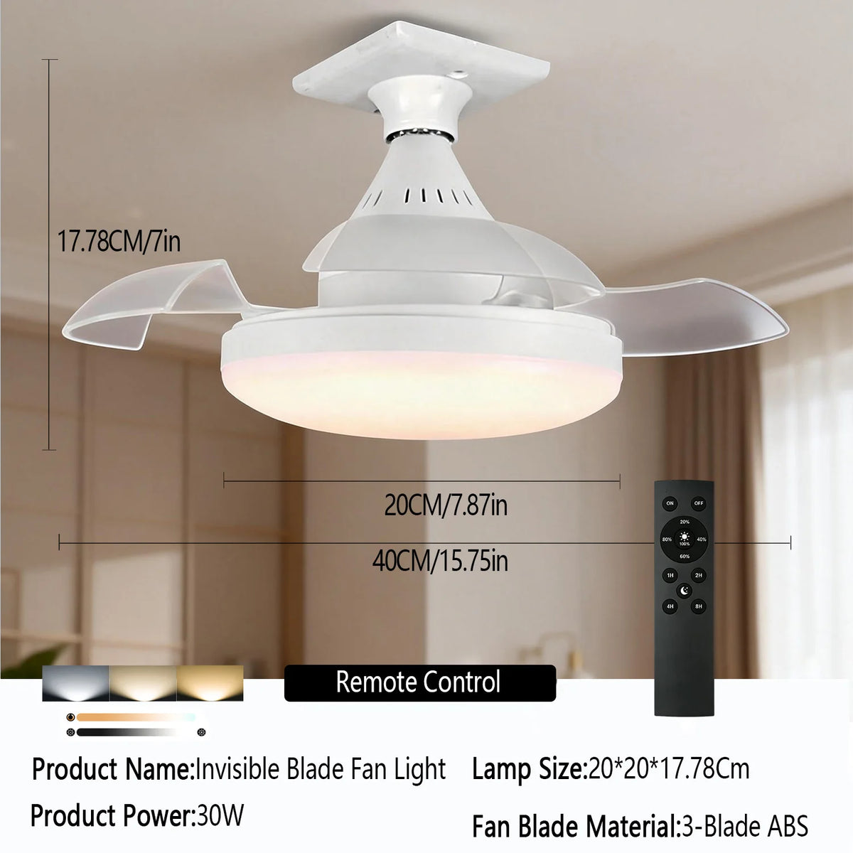 Modern LED Hidden Fan Light with Invisible Blades (E27 Socket Base) - Dimmable 3-Speed Ceiling Fan Light Fixture for Bedroom, Dining Room & Small Spaces