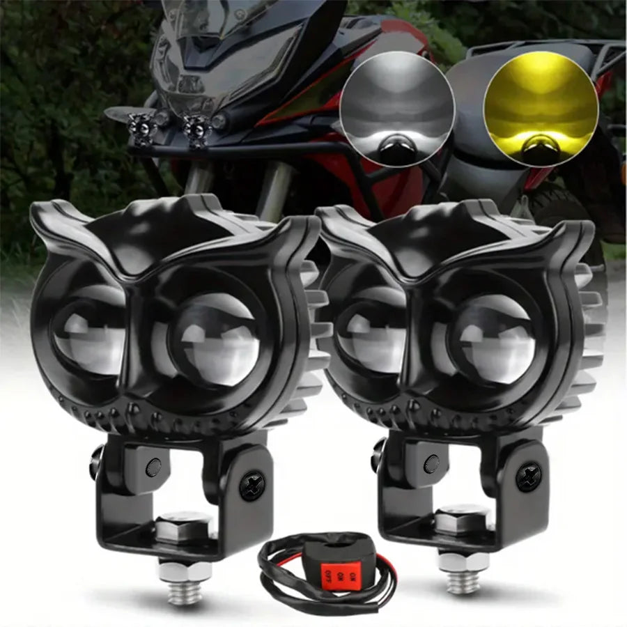 Owl Style Bicolor LED Motorcycle Headlight (Yellow & White) - Waterproof Driving Auxiliary Fog Light for Motorbike, UTV, Truck & Car