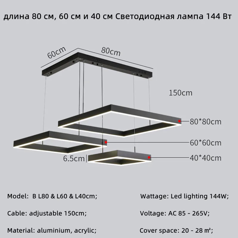 Modern Square LED Pendant Lamp Table Dining Living Room Hanging Light Bedroom Kitchen Hall Chandelier Home Decor Lighting Fixtur