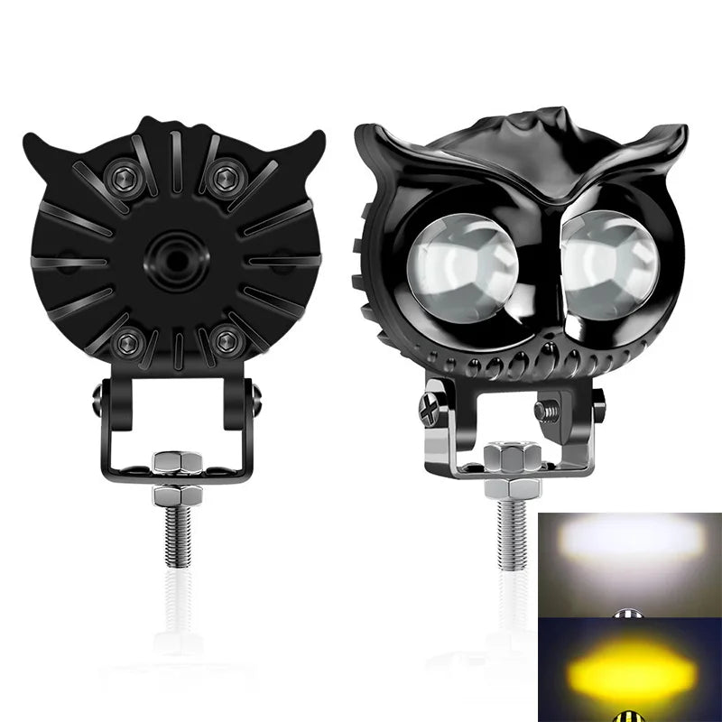 Owl Style Bicolor LED Motorcycle Headlight (Yellow & White) - Waterproof Driving Auxiliary Fog Light for Motorbike, UTV, Truck & Car