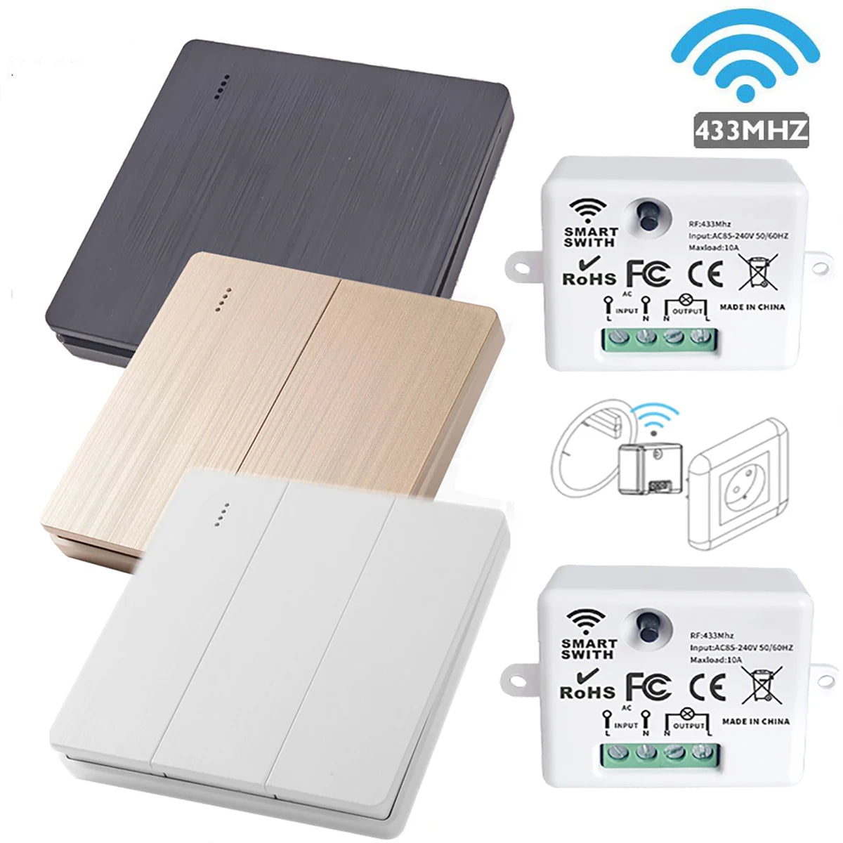 86 Type Wireless RF 433MHz Wall Panel Remote Control (1/2/3 Gang) - Smart Switch Transmitter for LED Light, Lamp & Ceiling Fan