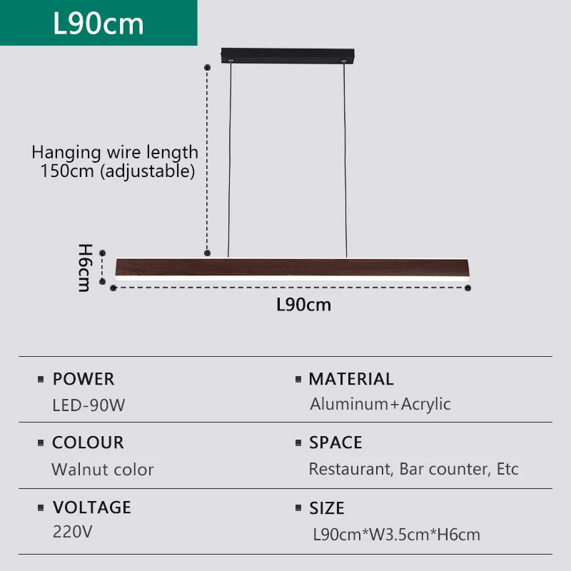Walnut Led Pendant Light Long Strip Dining Room Kitchen Island Dimmable Droplight Bar Counter Living Room Decor Hanging Light