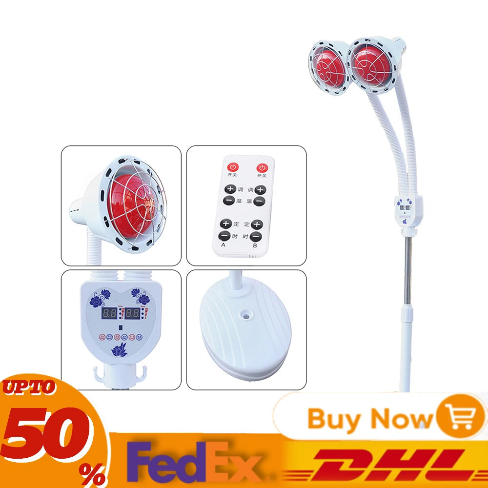 Red Light Therapy LED Electric Infrared Baking Lamp 275W Double-head 360° Adjustable Temperature Heat Lamp Remote Control With Rotating Pulley Base