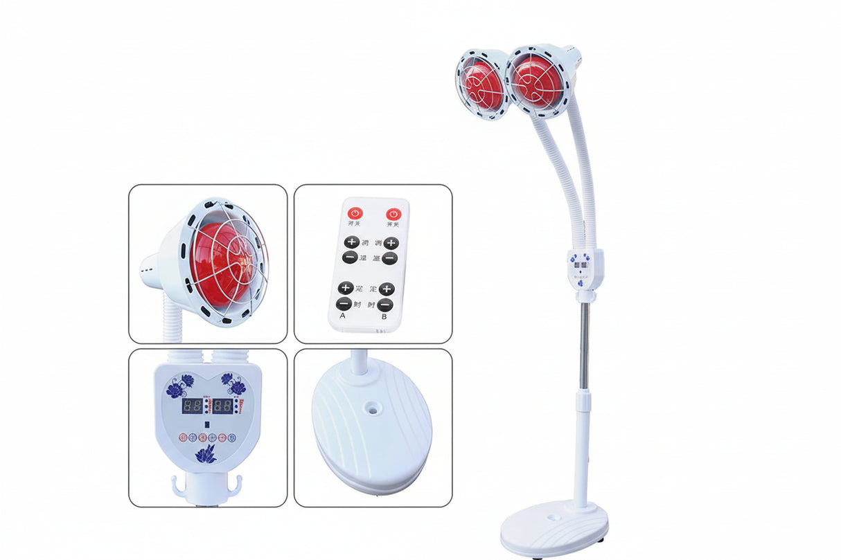 Red Light Therapy LED Electric Infrared Baking Lamp 275W Double-head 360° Adjustable Temperature Heat Lamp Remote Control With Rotating Pulley Base