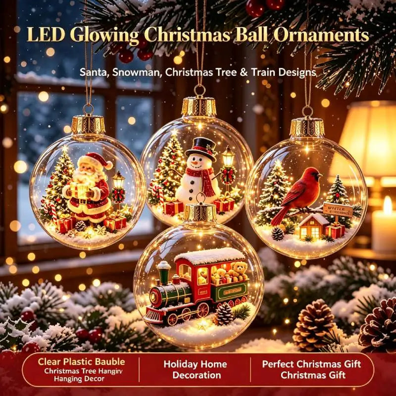 8cm LED Light Up Christmas Ball Ornament Santa Claus Snowman Glowing Plastic Bauble Xmas Tree Hanging Pendant Xmas Party Decor