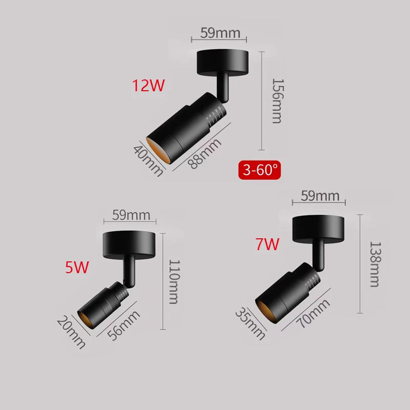 Dimmable Rotating LED Downlights Surface Mounted Adjustable Focus 3°-60° AC85-265V 5W 7W 12W Ceiling Lamp Spot Light