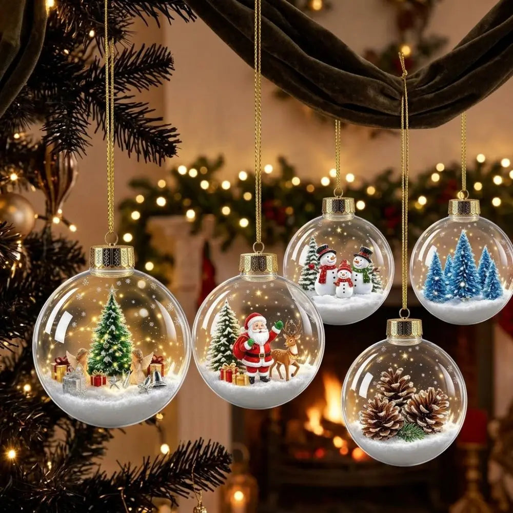 Clear Acrylic Lighted Christmas Ball Ornament Mini Interior Scene Warm LED Light-Up Tree Hanging Bauble Shock-Resistant Cartoon