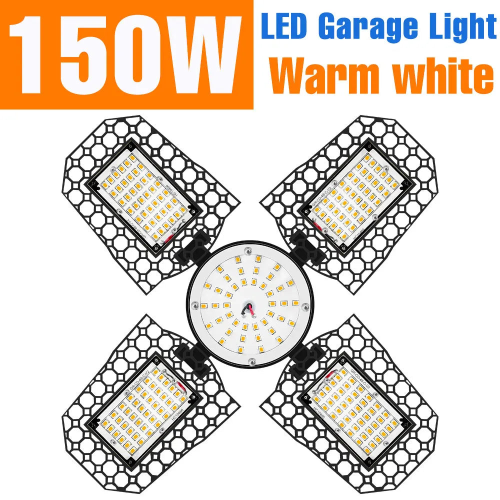 200W Deformable LED Garage Light (E26/E27) AC85-265V - Foldable High Bay Ceiling Lamp for Workshop, Warehouse & Basement
