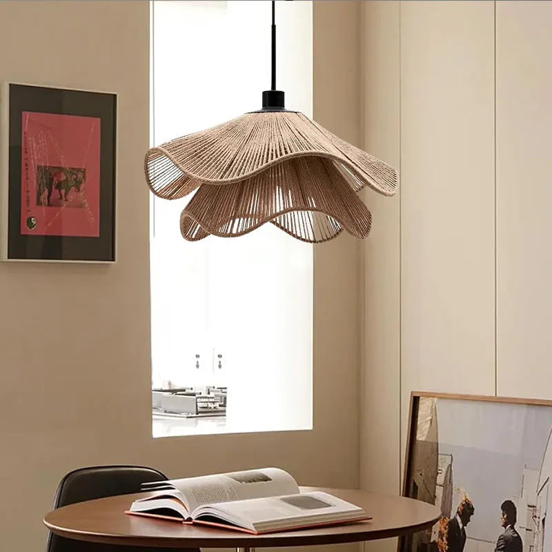 Handmade Rattan Flower Pendant Lamp - Organic LED Chandelier for Living Room
