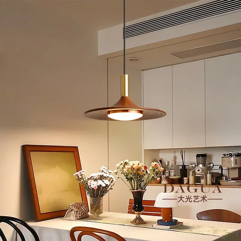 French Cream Style Pendant Light, Walnut Finish UFO Chandelier, Minimalist Retro Lamp for Dining Room, Bedroom, Cafe Bar Decor