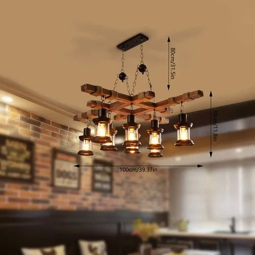 8-Light Rustic Country Chandelier Wood Pendant Lamp Industrial Ceiling Light Adjustable Height Vintage Style for Home Cafe Bar