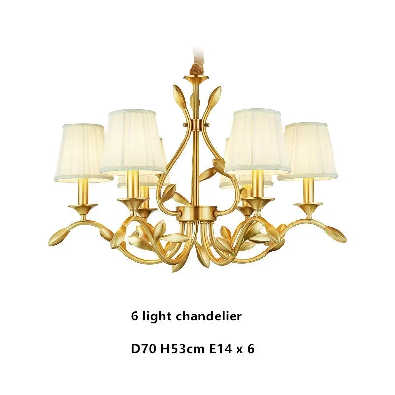 American Retro Luxury Gold Copper Chandeliers Living Dining Bedroom Pendant Lights Fabric Shades Flower Deco Led Lighting Lamps