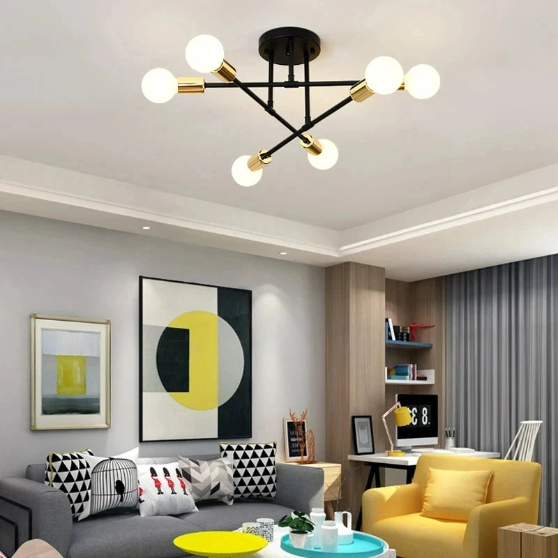 Modern Sputnik Chandelier Nordic Semi Flush Mount Ceiling Lamp Brushed Antique Gold Home Decor Lighting Fixture
