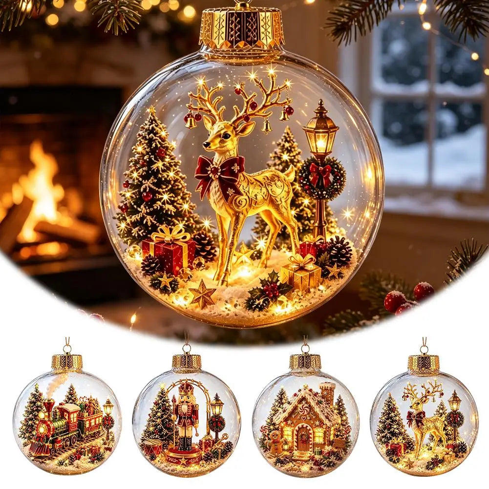 8cm Light Up Christmas Ball Ornament Plastic Transparent Hanging Pendant Warm LED Light Inside Scene Decor for Xmas Tree