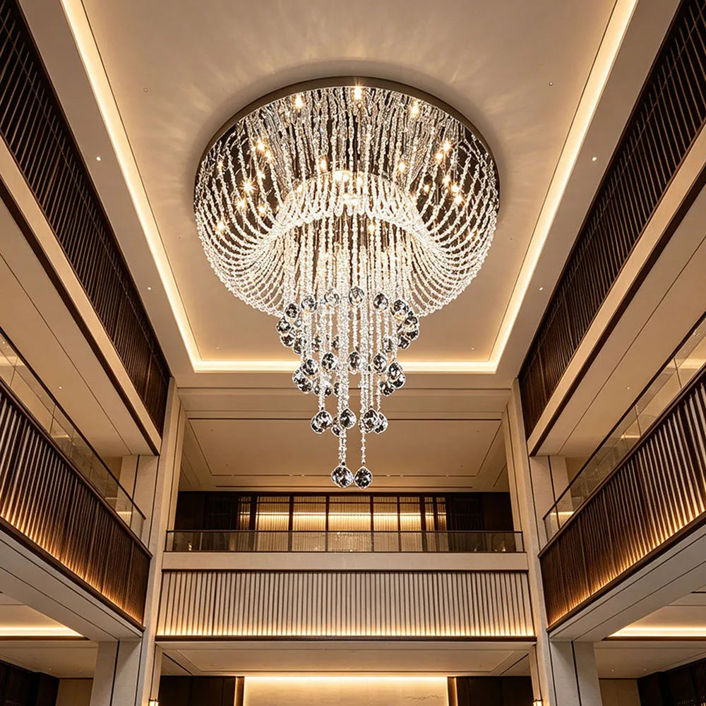 Luxury Long Tassel Crystal Flush Mount Chandelier LED Ceiling Light For Villa Duplex Staircase High Ceiling Living Room Foyer