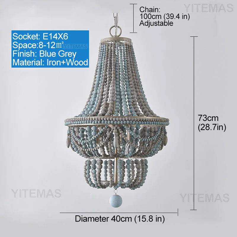 Vintage Black Pendant Chandelier Wood Beaded Antique Lighting Foyer Dining Nordic Chandelier Bedroom Pendant Kitchen Lamps