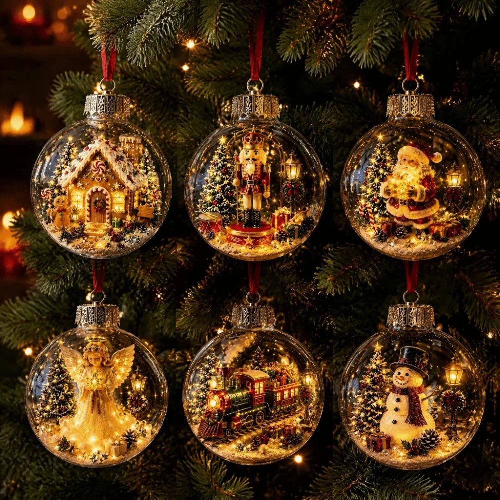 1pc 8CM Size Acrylic Material Christmas Ball Ornament Transparent Design with Light Santa Claus Pendant Hanging Christmas Decor