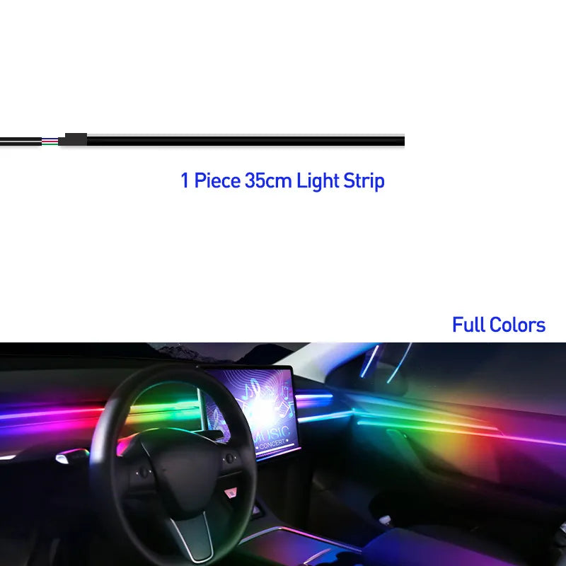 Car's atmosphere with 18 acrylic strips in 64 Colors , controlled by a Bluetooth app.