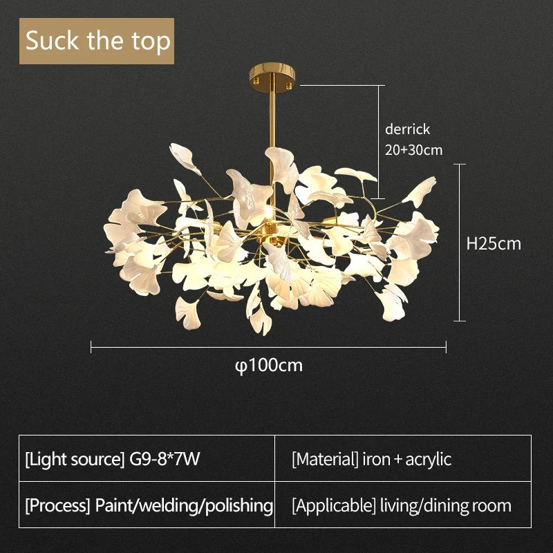 Nordic Ginkgo Leaf LED Chandelier - Modern Round Interior Hanging Light