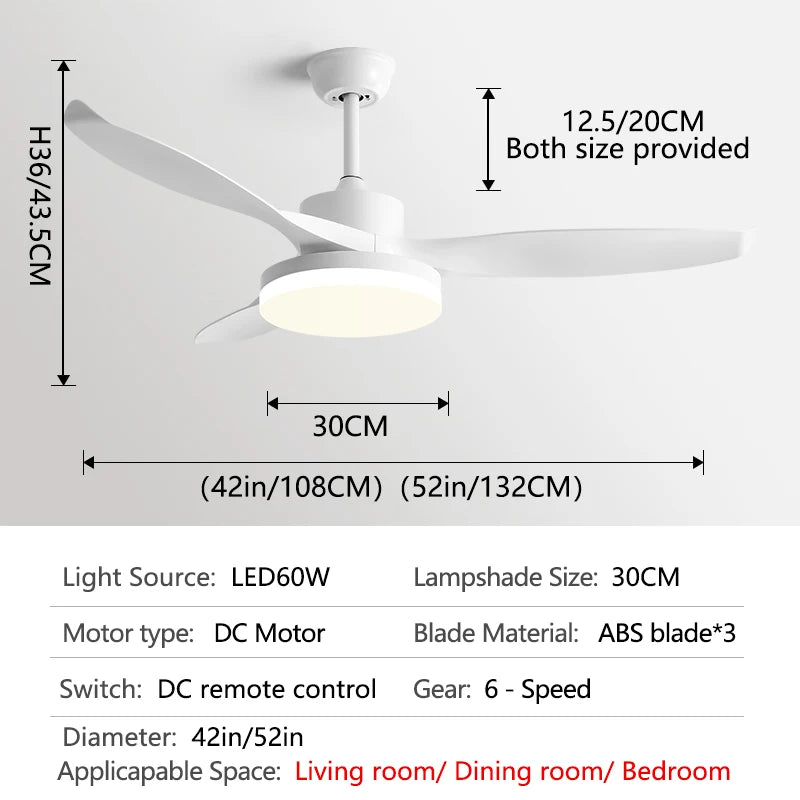 52Inch 3 ABS Blade DC 35W Pure Copper Motor Ceiling Fan With 60W LED Light Support Remote Control Strong winds Electric fans