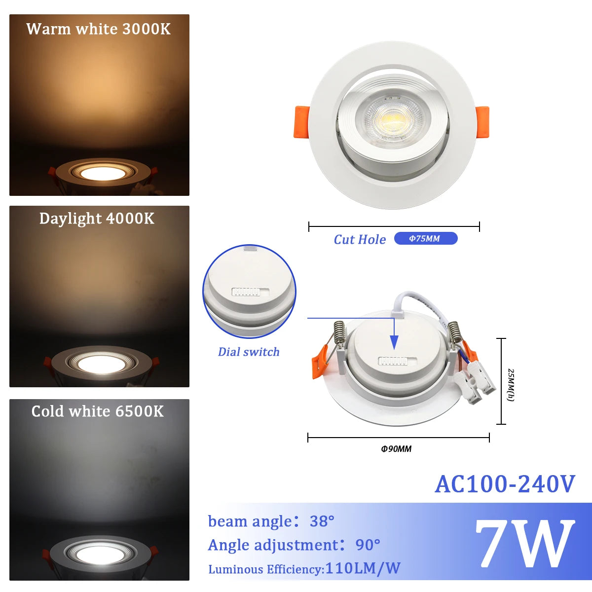 LED Change Color 3 CCT 3000K 4000K 6000K LED Ceiling Spotlight Embedded Light 7W AC 110V 220V Adjust 90° 1-10pcs Lighting Spot