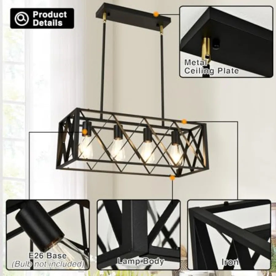 Black Farmhouse Chandeliers for Dining Room Light Fixture Rectangle Kitchen Island Pendant Lighting 4-Light Metal Industrial Li