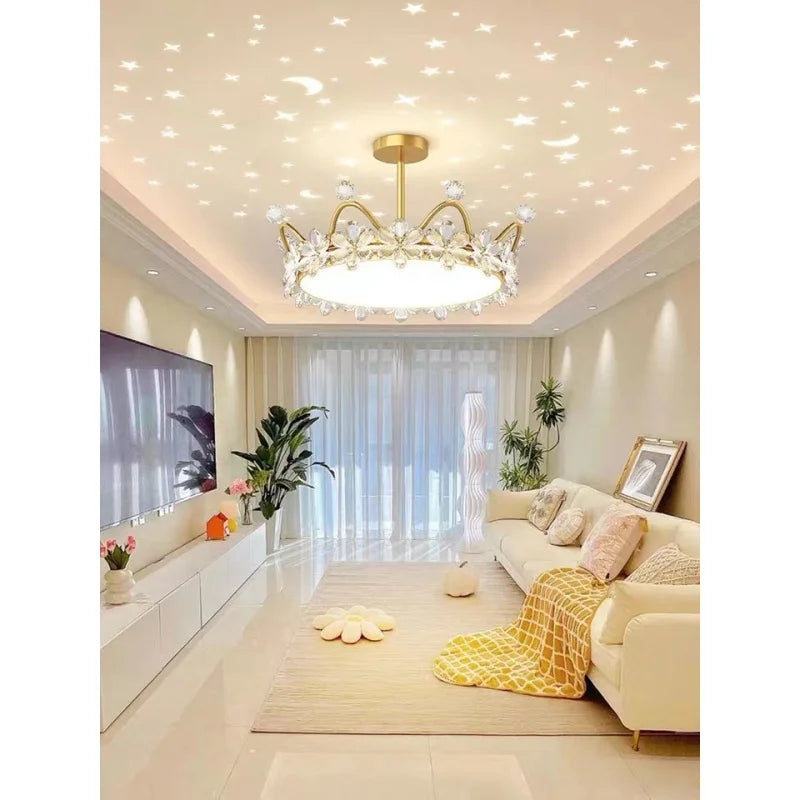Crown Ceiling Lamp Star Light Children's Princess Room Crystal Flower Bedroom Light Light Luxury Lamp in the Living Room