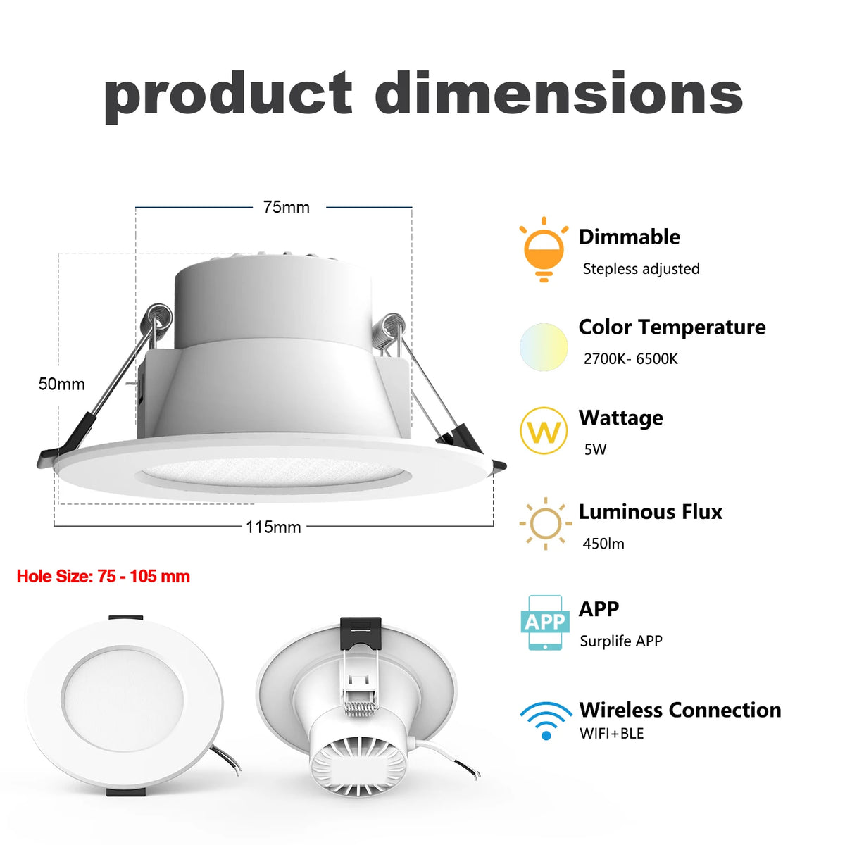 5W Smart WiFi & Bluetooth LED Recessed Downlight (1-10 Pack, RGB + Tunable White) - App & Voice Remote Control Ceiling Lamp Compatible with Alexa & Google Home