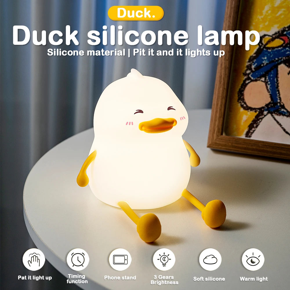 LED Night Lamp Cute Duck Cartoon Silicone Sleeping light USB Rechargeable Touch Sensor Timing Bedroom Bedside Lamp For Kid Gift