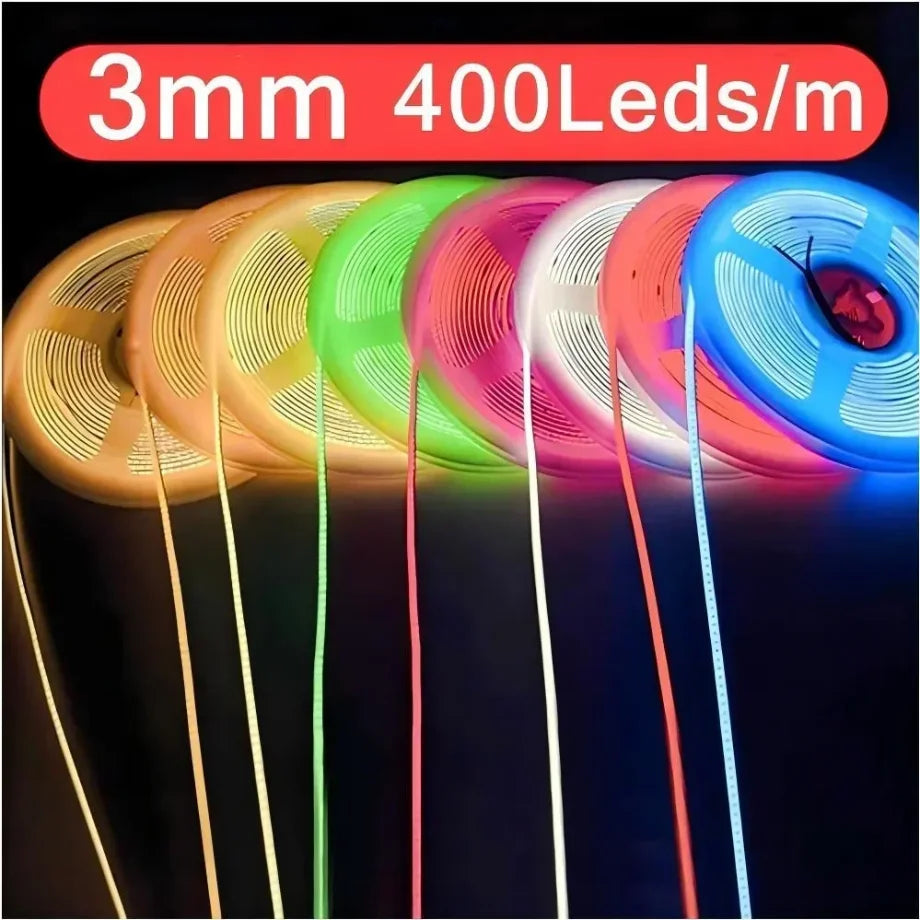 3mm Ultrafine COB LED Strip Light (5m, 400 LEDs/m) - 12V/24V Dimmable Flexible High-Density Tape for TV & Room Accent