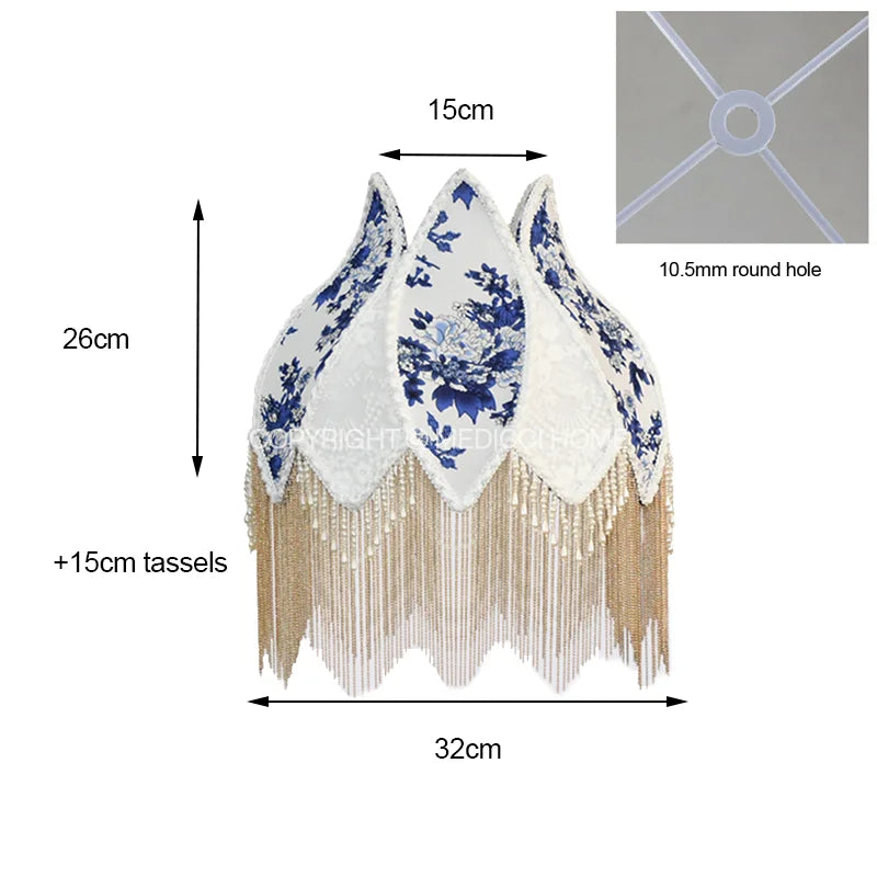 Home French Retro Blue And White Porcelain Floral Lampshade With Pearl Tassel Luxury Desk Lamp Shade Floor Pendant Light