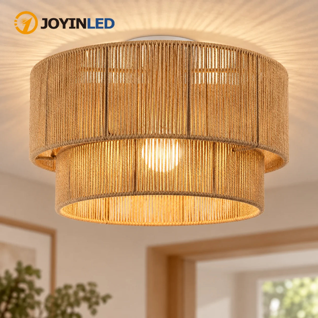 45CM Boho Rattan Semi Flush Mount Ceiling Light - Farmhouse Woven Hemp Rope E27 Lamp for Dining Room, Bedroom & Kitchen