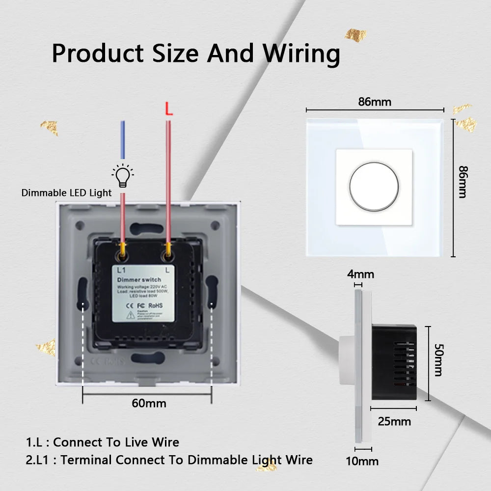 Dimmer Light Switch Rotary Knob Switch Glass Frame Mechanical LED Dimmable Switch Wall Mounted Switch EU Russia Switches