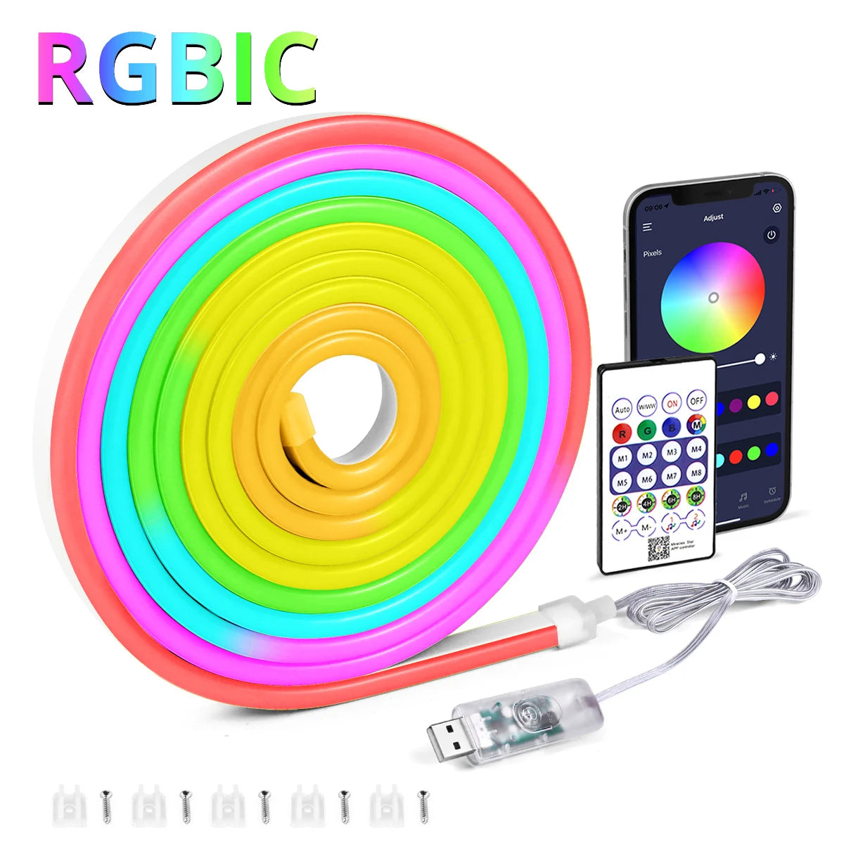 5V USB RGBIC Neon LED Strip Light with Bluetooth App Control & Music Sync - Flexible Waterproof Tape