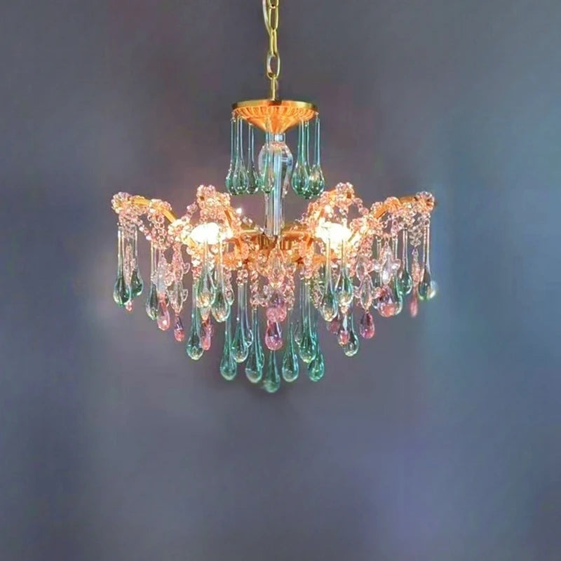 French Style Romantic Pink Green Crystal Pendant Lamp Colored Glass Full Copper/Iron Led Ceiling Light Living Room Bedroom Study