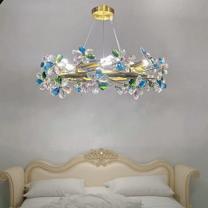 French Colored Crystal Flower Pendant Light Living Room Dining Room Bedroom Daughter's Room Low Floor Light Ceiling Chandelier