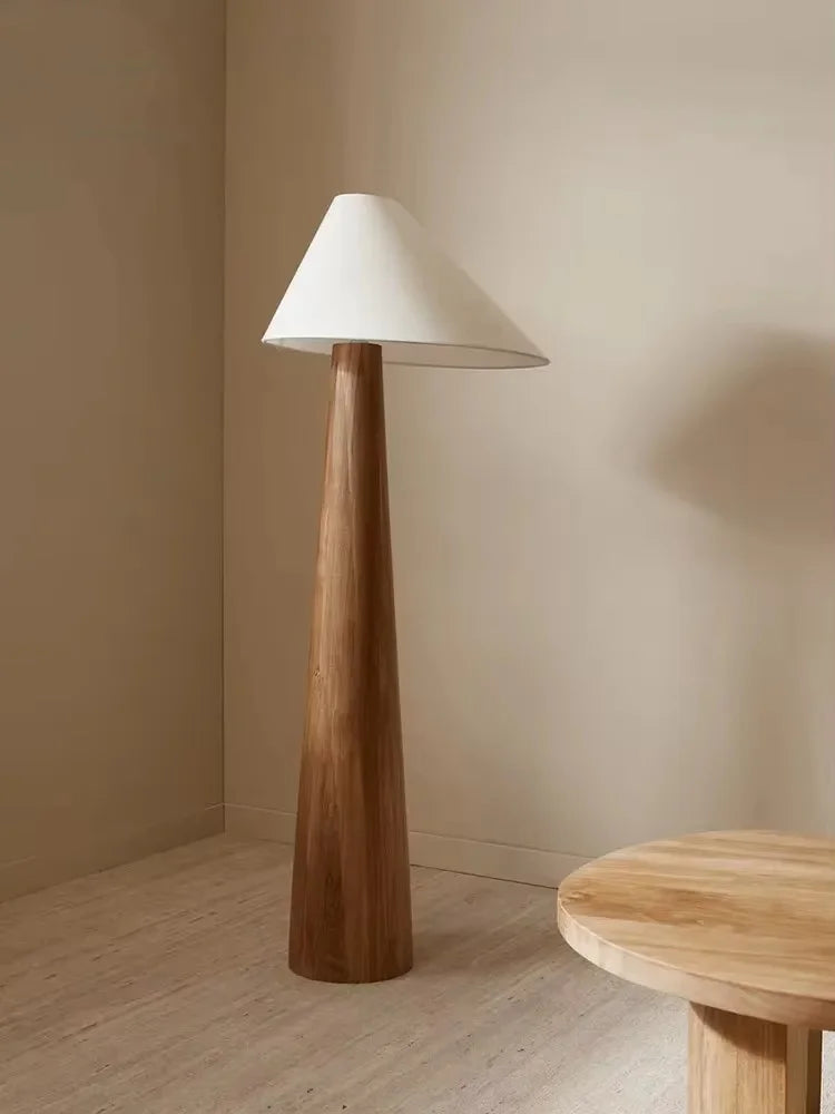 Conical Oak Solid Wood Floor Lamp - Retro Wabi-Sabi Standing Light & Desk Lamp Fixture for Living Room, Bedroom & Study